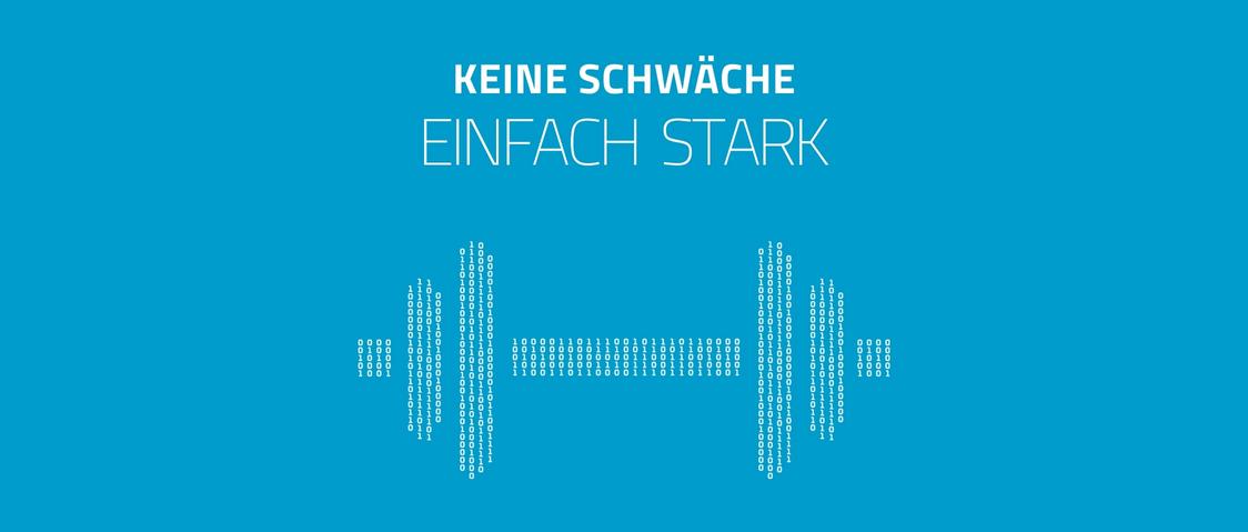 [Translate to Englisch:] Kennzeichnen mit RFID auf Metall visualisiert durch Binärcode in Hantel-Form und Slogan 'Keine Schwäche – Einfach stark'