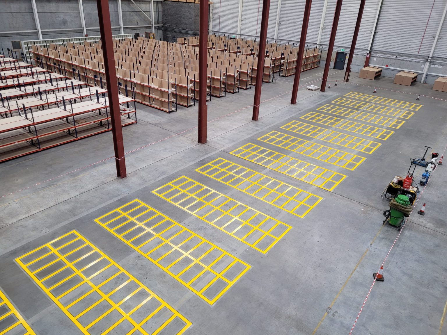 Warehouse block stacking with signs, labels and line marking
