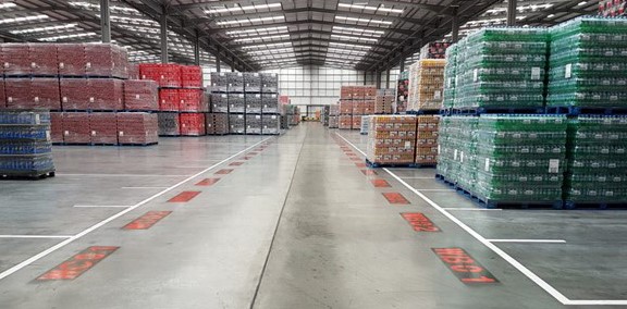 Warehouse block stacking with signs, labels and line marking