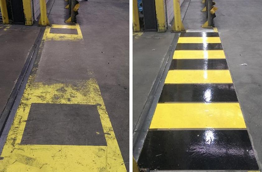 before and after for warehouse line marking safety and maintenance